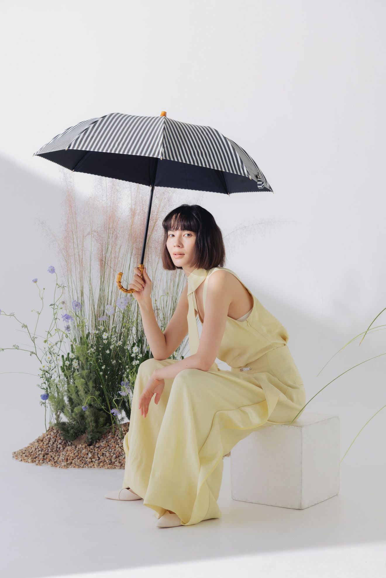 完全遮光日傘 UV100%カット 2段EASY 折りたたみ日傘 ストライプ