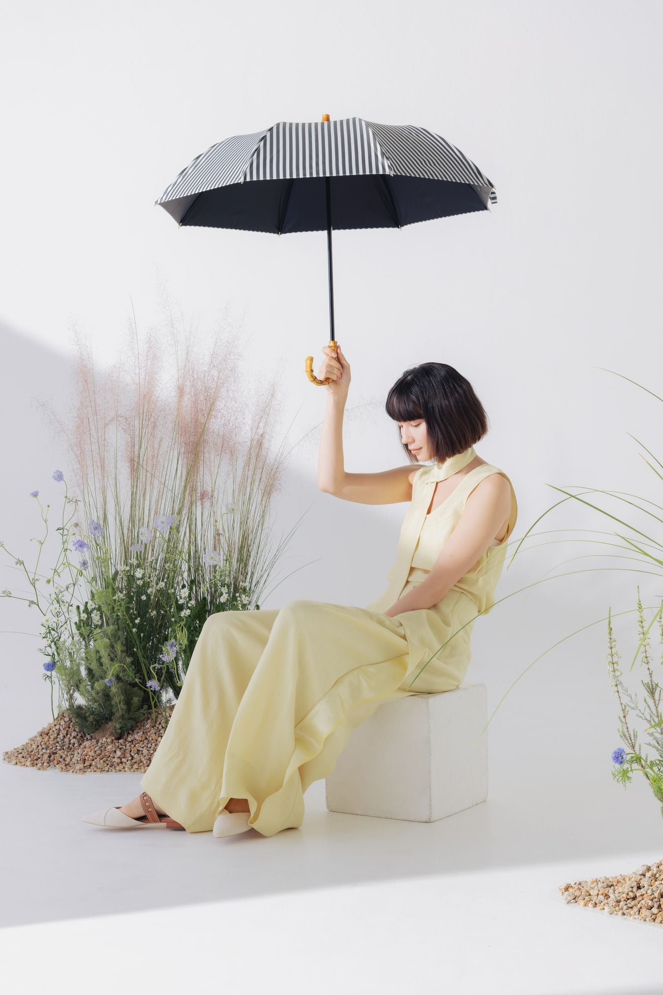 完全遮光日傘 UV100%カット 2段EASY 折りたたみ日傘 ストライプ