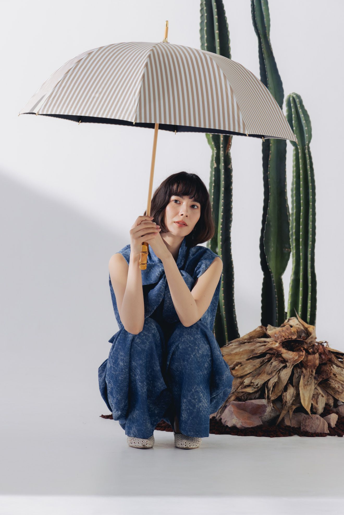 完全遮光日傘 UV100%カット 長傘 M ストライプ