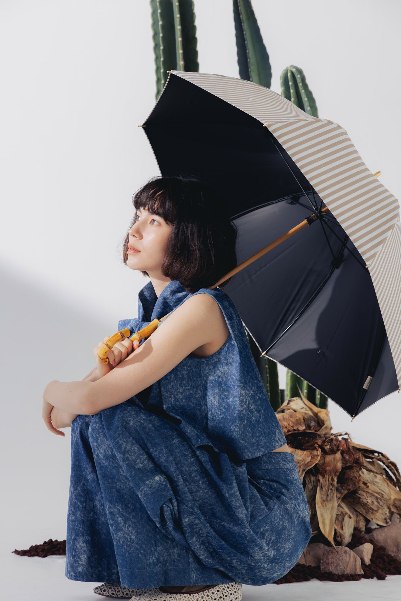 完全遮光日傘 UV100%カット 長傘 M ストライプ