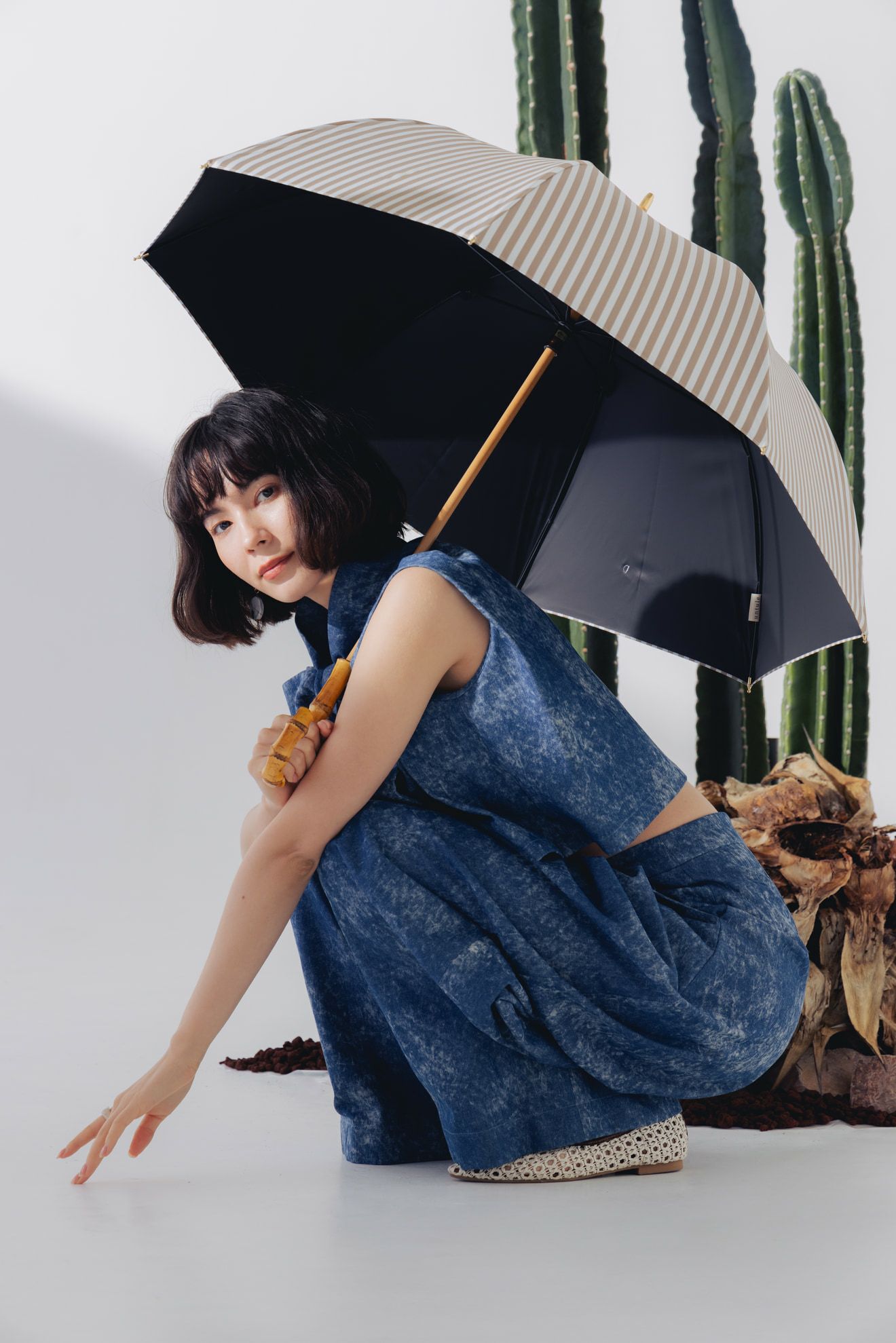 完全遮光日傘 UV100%カット 長傘 M ストライプ