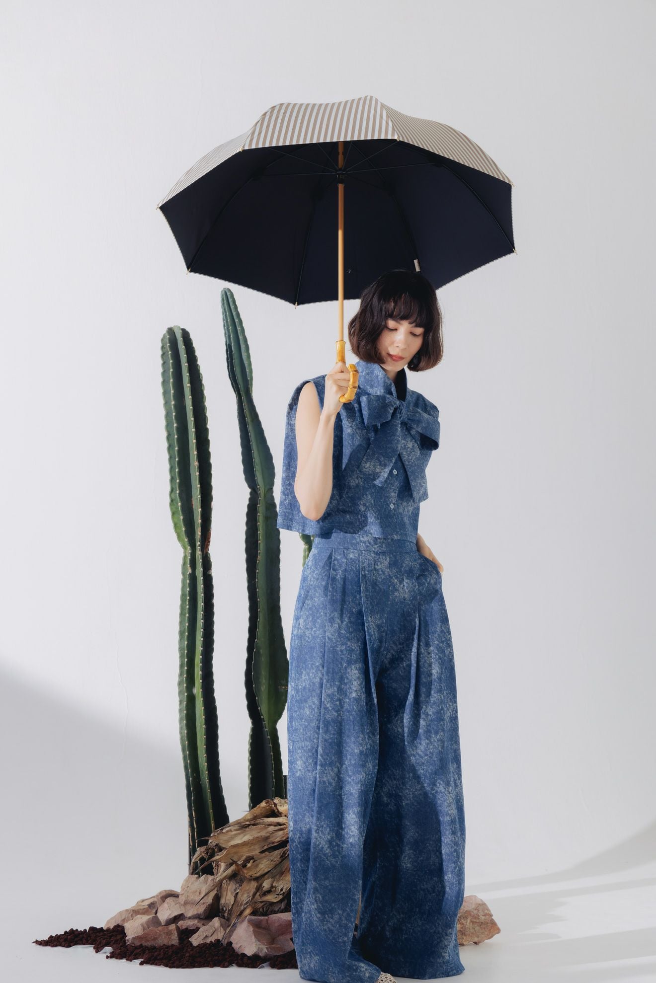 完全遮光日傘 UV100%カット 長傘 M ストライプ