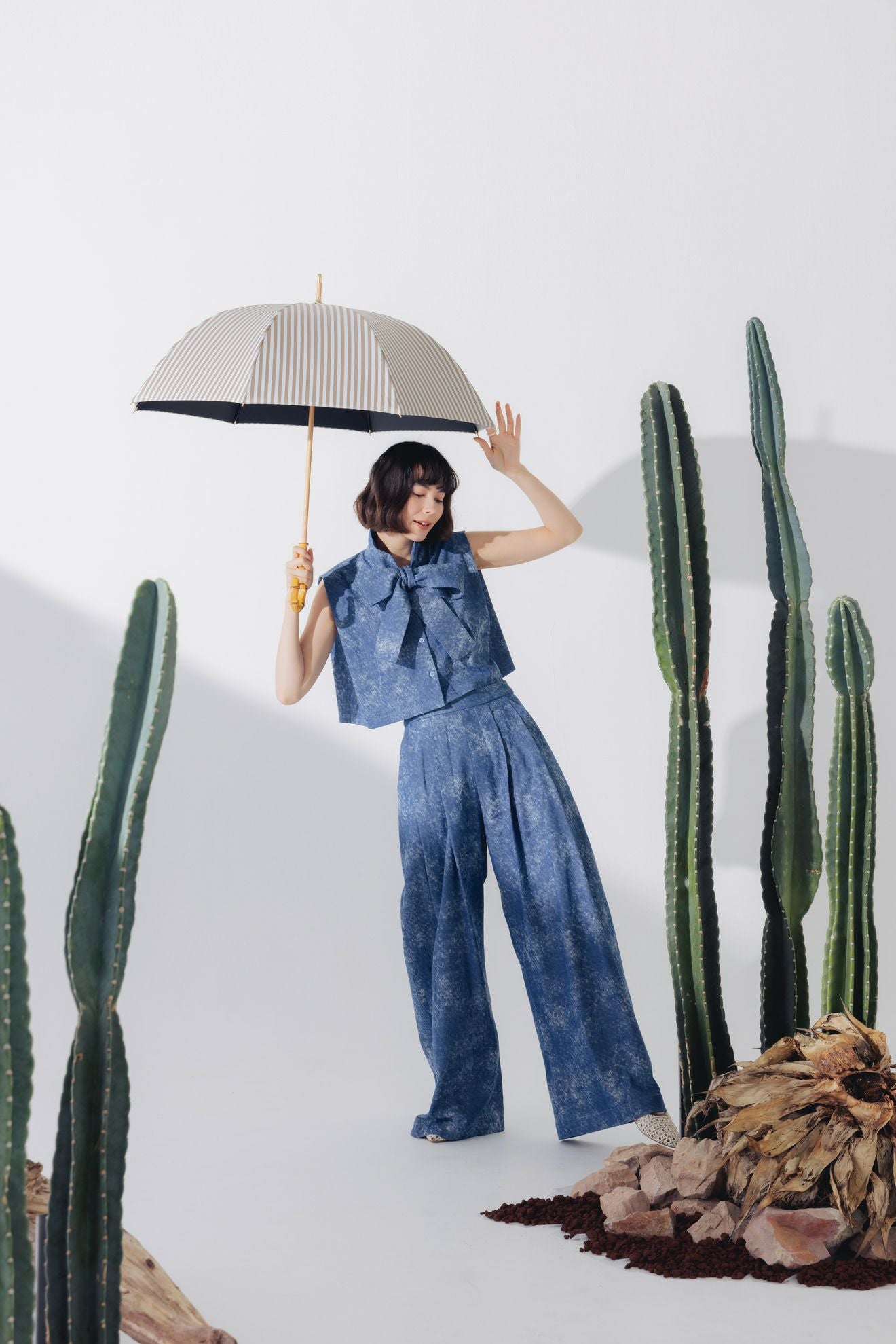 完全遮光日傘 UV100%カット 長傘 M ストライプ