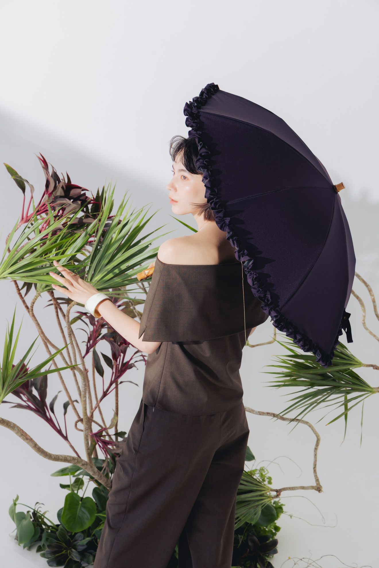 完全遮光日傘 UV100%カット 2段2WAY 折りたたみ日傘 フリル