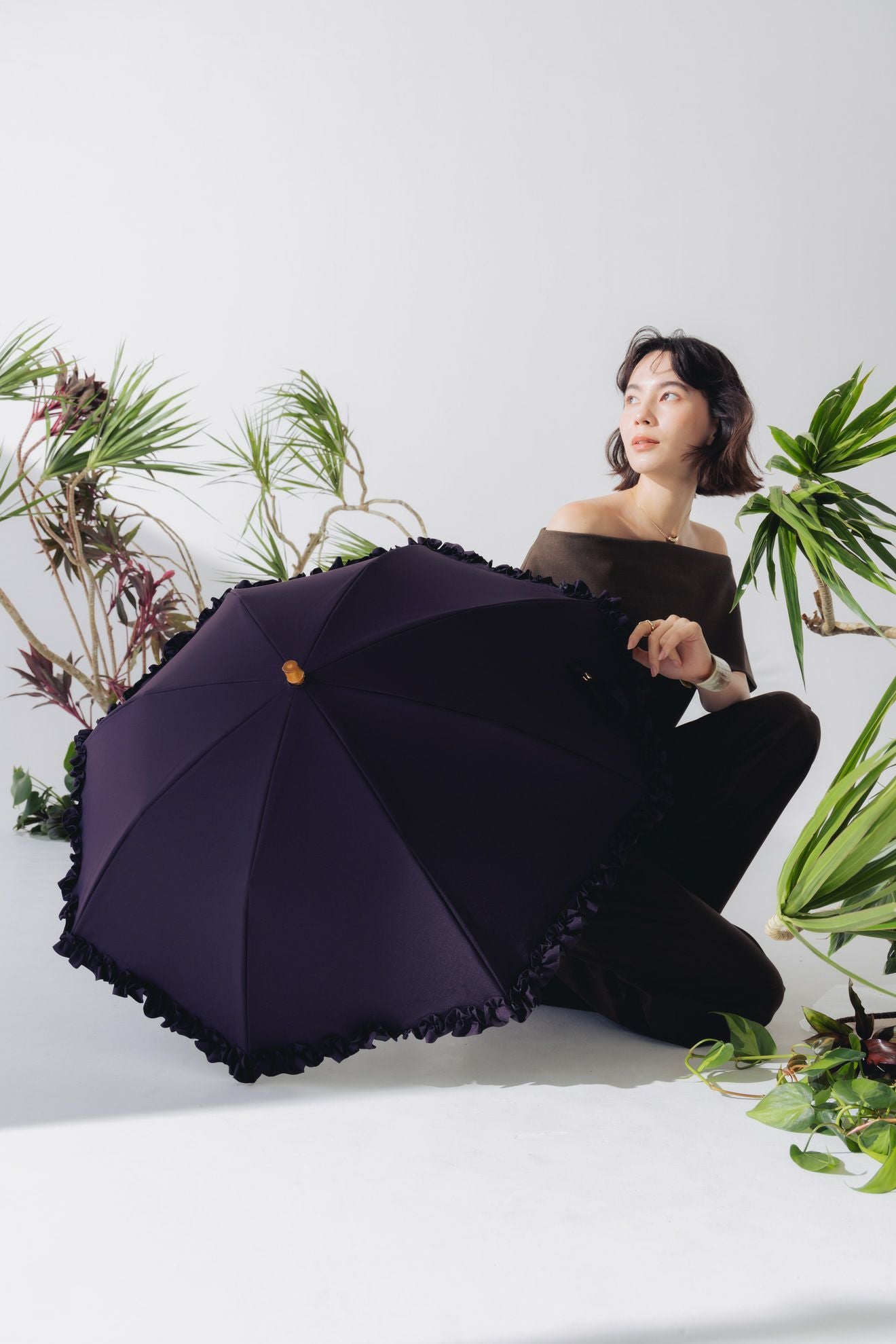 完全遮光日傘 UV100%カット 2段2WAY 折りたたみ日傘 フリル