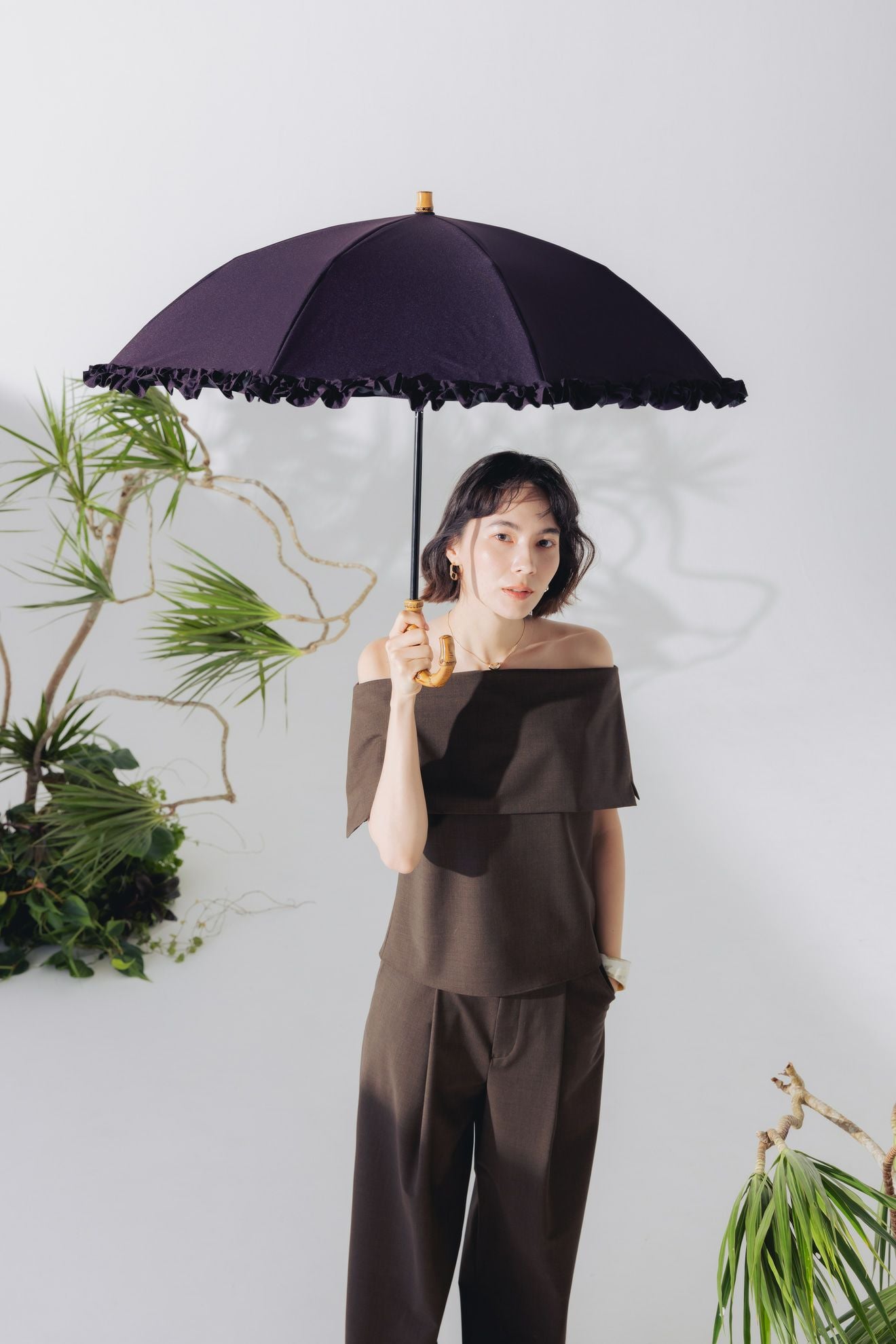 完全遮光日傘 UV100%カット 2段2WAY 折りたたみ日傘 フリル