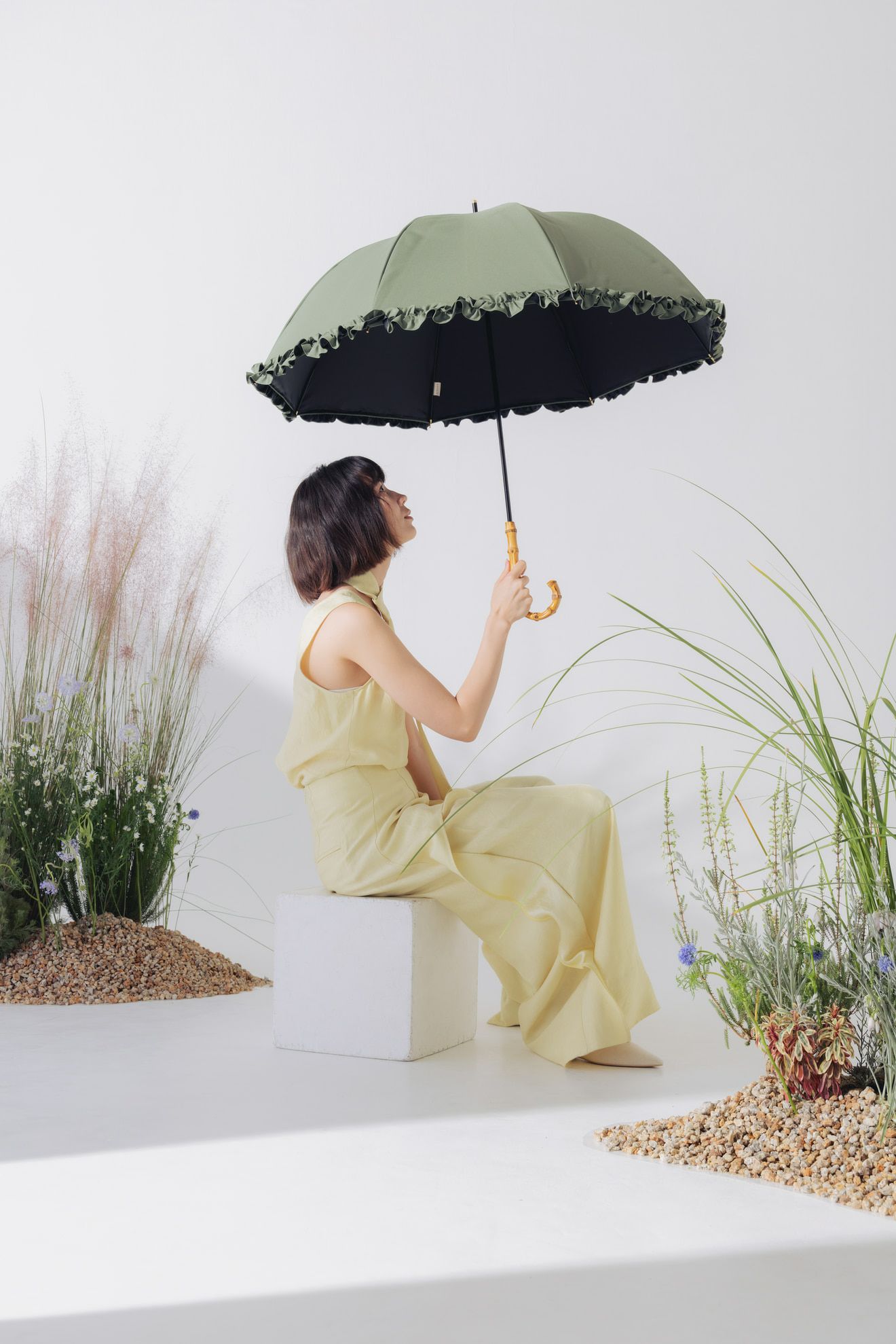 完全遮光日傘 UV100%カット 長傘 L フリル